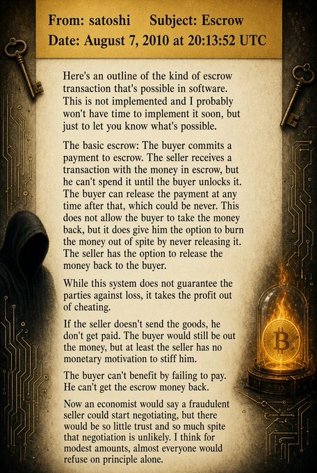 A stylized document depicting an email "From: satoshi" dated August 7, 2010, with the subject "Escrow," containing text about Bitcoin escrow transactions, alongside imagery of a hooded figure, keys, and a Bitcoin under a glass dome.