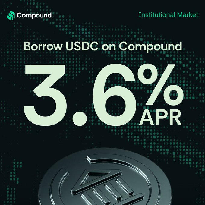 A Compound (DeFi protocol) advertisement promoting 'Borrow USDC on Compound' at '3.6% APR' for the Institutional Market, featuring a USDC coin graphic.