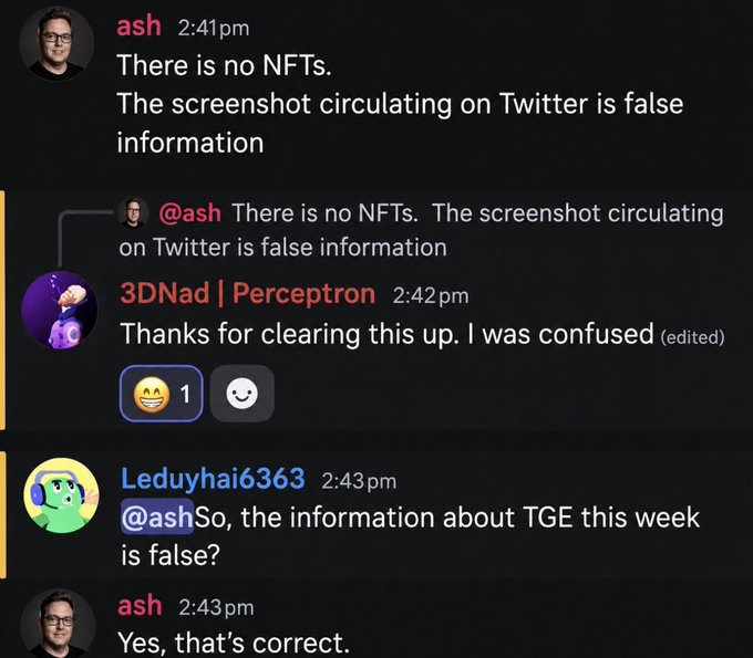 Discord chat messages where a user named 'ash' clarifies that there are no NFTs and that a circulating screenshot is false information, with other users asking follow-up questions.