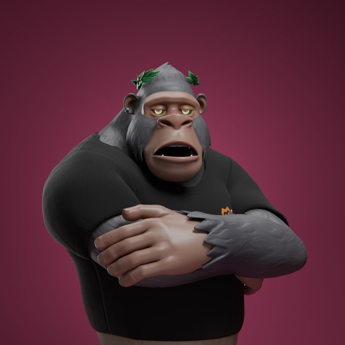 A 3D-rendered cartoon gorilla character with green leaf accents on its head, wearing a black t-shirt and standing with arms crossed against a deep magenta background.