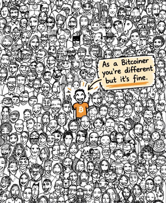 A hand-drawn illustration shows a smiling character wearing an orange Bitcoin (₿) shirt, standing out from a dense crowd of black-and-white sketched faces, with a speech bubble reading, "As a Bitcoiner you're different but it's fine."