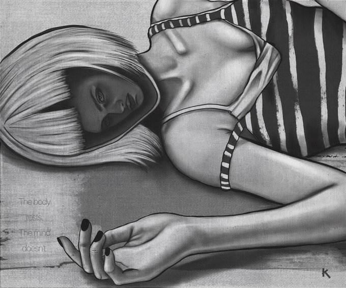A black and white digital illustration of a woman lying down with text reading 'the body is the mind doesn't.'