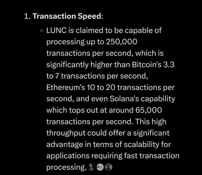 Text about Transaction Speed, claiming LUNC can process up to 250,000 transactions per second, compared to Bitcoin (3.3-7), Ethereum (10-20), and Solana (65,000).
