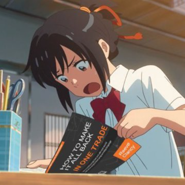 The anime character looks shocked while holding a book titled "How to Make It All Back in One Trade" by Renato Gancy, humorously mirroring the poster's risky single-trade market entry approach. The image captures the anxiety of going "all in" on a 22m investment as if reaching for a get-rich-quick guide.