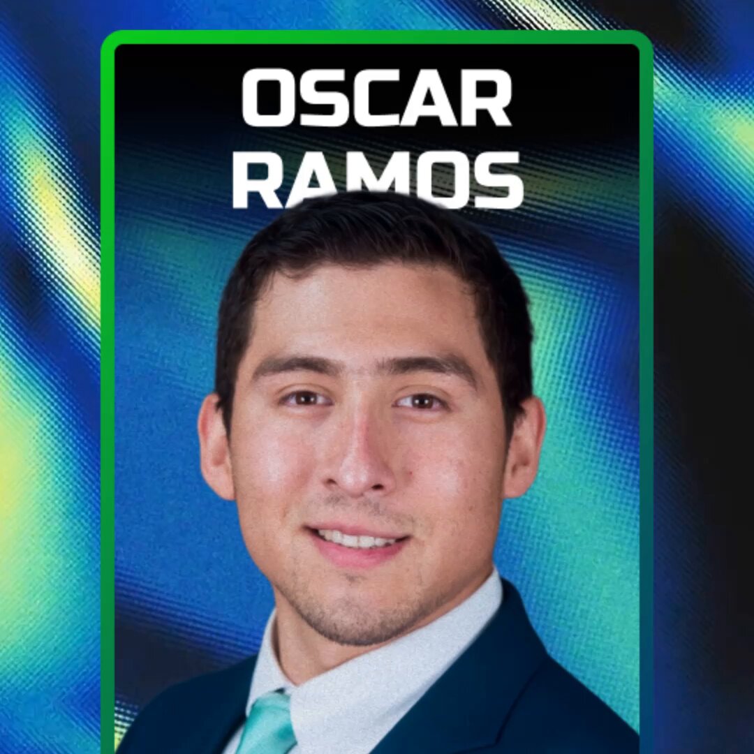 The image features a man with short brown hair wearing a blue suit jacket and tie, standing against a green background that seems to be colorful. The photograph appears to have been taken or edited with software such as Photoshop or another photo editing program, giving it a unique visual effect. The main focus of the post is an Oscar ramos profile picture in which he has been given a bright blue color tone and his name and title are displayed above him. The man's smile suggests that he's happy to share this information with viewers.