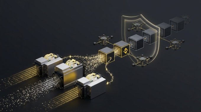 A 3D digital illustration depicting padlocks transforming into drone-carried cubes to form a protective shield over a chain, symbolizing blockchain security.