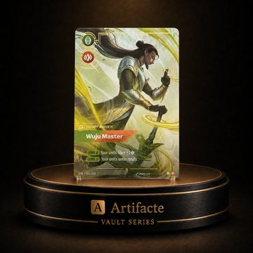 A holographic "Wuju Master" trading card from the Artifacter Vault Series sits displayed on a rotating pedestal, featuring a warrior figure with flowing energy effects. The card shows green and red rarity indicators alongside artwork of a martial artist in dynamic pose, visually reinforcing the post's promotion of Artifacter's Solana-based pack ripping service that delivers digital collectibles directly to users' wallets.