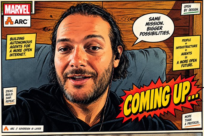 A Marvel comic-style panel featuring a man with curly hair and a beard, with text boxes reading 'SAME MISSION. BIGGER POSSIBILITIES.', 'BUILDING AUTONOMOUS AGENTS FOR A MORE OPEN INTERNET', 'PEOPLE + INFRASTRUCTURE + AGENTS = A MORE OPEN FUTURE', and 'COMING UP...'.
