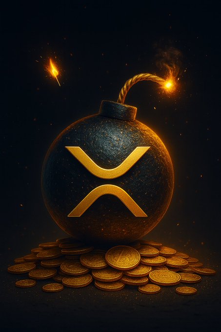 A digital artwork of a black bomb with a lit fuse featuring the golden XRP (Ripple) cryptocurrency logo on its side, resting on a pile of gold coins with sparks flying.