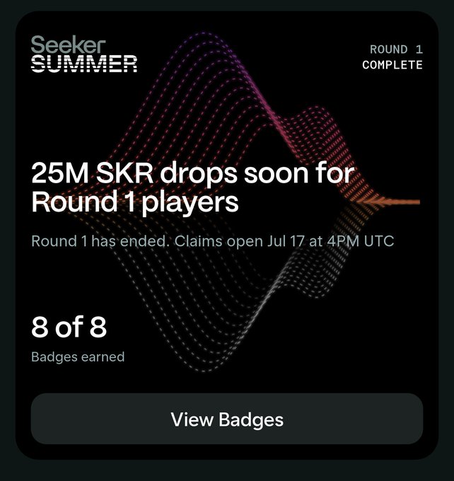 A Seeker Summer notification showing 'ROUND 1 COMPLETE' with 25M SKR tokens dropping for Round 1 players, claims opening Jul 17 at 4PM UTC, and 8 of 8 badges earned.
