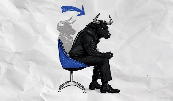 A surreal artwork of a humanoid bull sitting on a blue office chair, with a ghosted outline and a blue arrow above pointing downward.