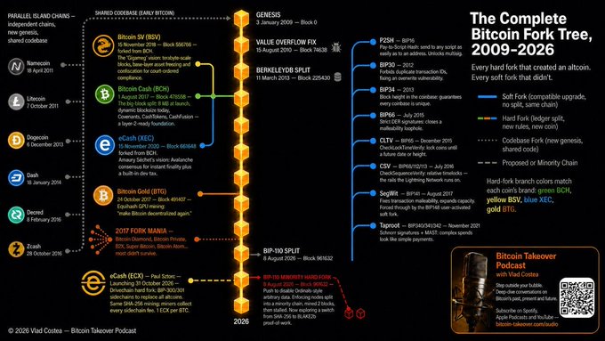 An infographic titled 'The Complete Bitcoin Fork Tree, 2009-2026' showing the timeline of hard forks from Genesis (3 January 2009) through early Bitcoin (BCH, BSV, BTC) and other notable forks including Berkleydley, Vale Overflow, BIP-100, and Taproot, with details on parallel island chains and fork compatibility.