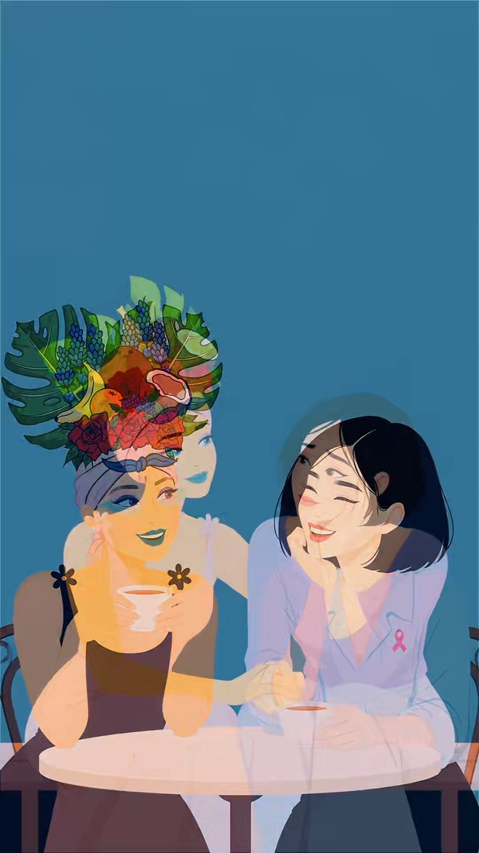 An illustration of two women sitting at a table; the woman on the left wears an elaborate headpiece made of tropical leaves, grapes, and flowers, while the woman on the right has short dark hair and wears a blue shirt with a pink ribbon.