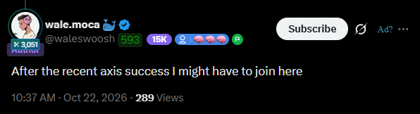 A screenshot of an X post by wale.moca (@waleswoosh), verified, says, “After the recent axis success I might have to join here,” posted at 10:37 AM on Oct 22, 2026 with 289 views.