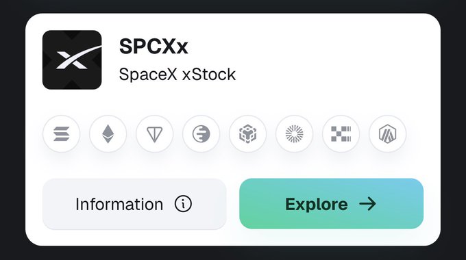The image displays a token information card for "SPCXx" (SpaceX xStock), featuring the ticker "SPCXx" alongside the SpaceX xStock label, with network icons and an "Explore" button. It visually represents the SPCXx token mentioned in the post, highlighting its availability as a tokenized asset that can be used in DeFi, such as providing liquidity to the SPCXx/ETH pool on Uniswap.