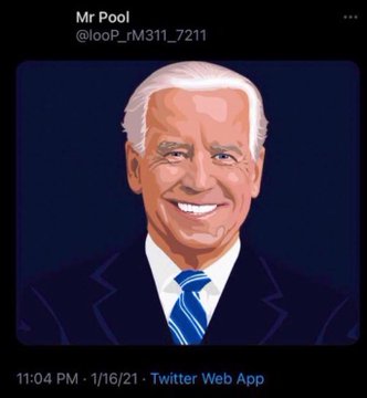 This image shows a portrait of Joe Biden with the Twitter handle "@loop_rM311_7211". The accompanying post uses Biden as a symbol for the "old system" that will be replaced by a new one represented by Trump and the number "589".