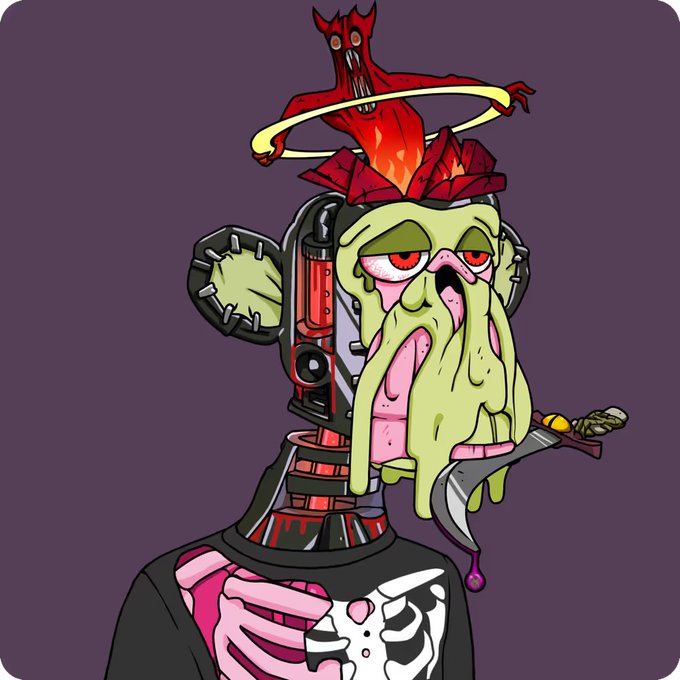 A grotesque, green-skinned mutant zombie character with a halo, red demon-like creature on its head, exposed flesh, and a bloody weapon in its mouth is shown in cartoon style, matching the "Mutants are insane" birthday theme of the post.