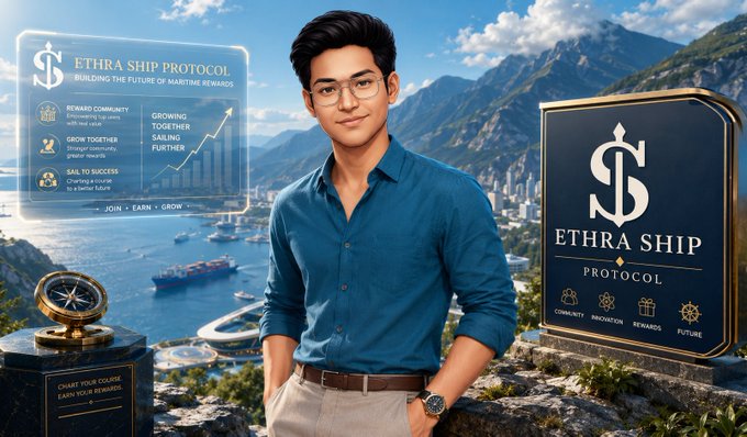 A promotional image for "ETHRA SHIP PROTOCOL" featuring a young man in a blue shirt standing against a harbor city backdrop, with text highlighting "BUILDING THE FUTURE OF MARITIME REWARDS," "REWARD COMMUNITY," "GROWING TOGETHER," "GROW TOGETHER," and "SAIL TO SUCCESS," alongside the protocol's logo and a "CHART YOUR COURSE" compass.