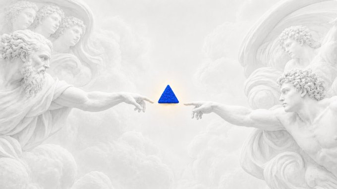 A stylized recreation of Michelangelo's 'Creation of Adam' featuring classical sculptural figures, with a blue triangle symbol replacing the space between the two reaching hands.