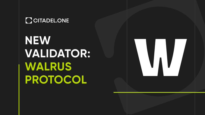 A black announcement banner from CITADEL.ONE introducing a new validator, Walrus Protocol, with a large stylized 'W' logo.