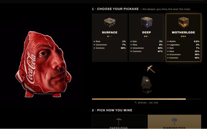A Coca-Cola themed website interface for choosing a mining pickaxe, displaying options (SURFACE, DEEP, MOTHERLODE) with their respective drop rates for different mineral rarities (Rare, Uncommon, Common, Epic, Mythic, Legendary), featuring a red rock with a human face resembling Dwayne 'The Rock' Johnson.