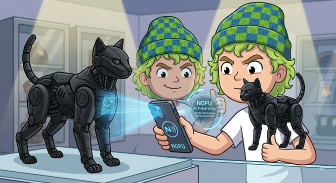 Two children wearing green-and-blue knit hats inspect robotic cat figures, with one holding a smartphone labeled “NOFU” beside a digital “NOFU AUTHENTIC” marker. The image illustrates how NofuHub combines QR/NFC tags with onchain Certificates of Authority to verify the authenticity of physical assets through cryptographic proof.