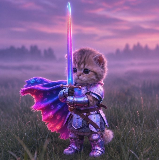 A small kitten dressed in metallic armor and a glowing pink and purple cape holds a glowing pink sword in a misty field at dusk.