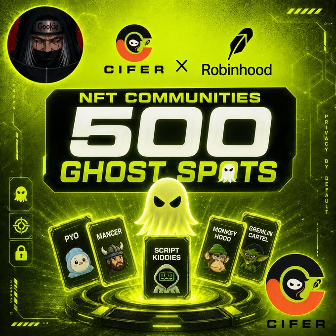 A promotional graphic for 'CIFER X Robinhood NFT COMMUNITIES' offering '500 GHOST SPOTS', featuring a central ghost character surrounded by NFT avatars labeled PYO, Mancer, Script Kiddies, Monkey Hood, and Gremlin Cartel against a green tech-themed background.