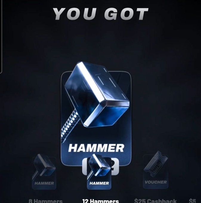 The image displays a digital loot reward screen with "YOU GOT" at the top, featuring a prominent blue metallic "HAMMER" icon, with smaller thumbnail options below showing "8 Hammers," "12 Hammers," and "$25 Cashback" rewards. This visually represents the user's accomplishment of unlocking 12 Hammers from Vault777 packs, aligning with their excitement about stacking rewards and climbing pack tiers while building toward a future token airdrop.