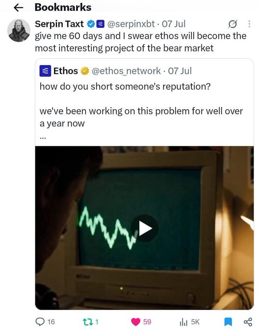 A bookmarked Twitter post by Serpin Taxt (@serpinxbt) quoting Ethos (@ethos_network), captioned 'give me 60 days and I swear ethos will become the most interesting project of the bear market', accompanied by a video of a declining line chart on an old monitor.