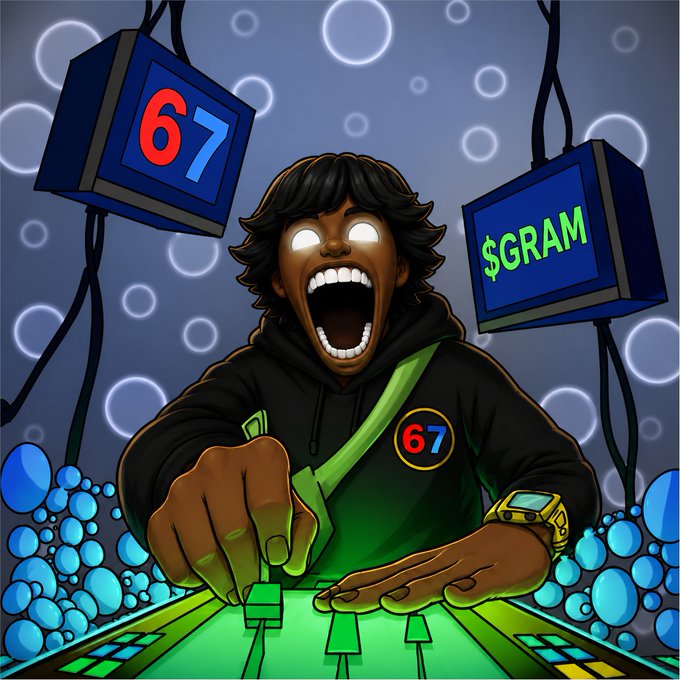 A vibrant cartoon illustration of a man with glowing white eyes screaming while DJing, surrounded by floating monitors displaying "67" and "$GRAM", with a "67" logo on his hoodie.