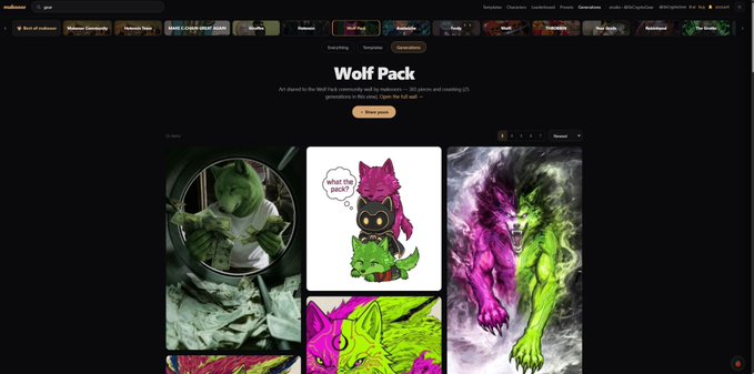 A website interface showing a "Wolf Pack" template collection with multiple art pieces featuring stylized wolves in green and pink colors.