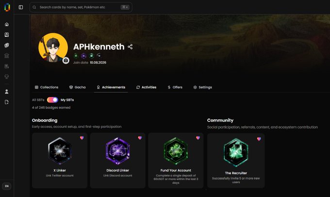 The image shows APHkenneth's profile on a platform displaying 4 out of 248 SBTs earned, including Onboarding achievements (Y Linker, Discord Linker, Fund Your Account, and The Recruiter). The screenshot supports the post's claim of earning 4 SBTs on Day 1 of exploring the Renaiss SBT System backed by YZiLabs.