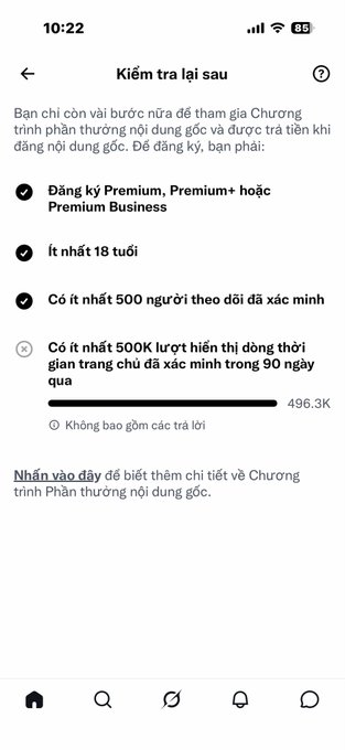 A Vietnamese-language screenshot titled "Kiểm tra lại sau" (Check back later) showing requirements to join an original content monetization program, including Premium subscription, being at least 18, having 500+ verified followers (✓), and 500K+ impressions (in progress at 496.3K, ✗).
