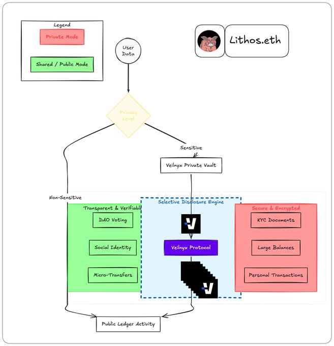 A flowchart diagram for Lithos.eth depicting a privacy level decision tree that routes user data into transparent, selective disclosure, or secure/encrypted modes via Velnyx Protocol and Velnyx Private Vault.