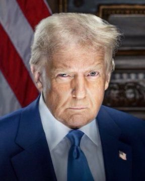 An official-style portrait of Donald Trump wearing a navy suit, white shirt, and blue tie, standing in front of an American flag.