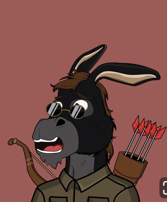 An illustrated cartoon of a black donkey wearing round sunglasses and a green shirt, holding a bow with arrows featuring red fletching in a quiver.