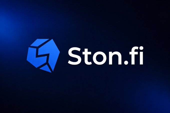 The Ston.fi logo featuring a blue geometric stone/crystal icon next to the white text 'Ston.fi' on a dark blue background.