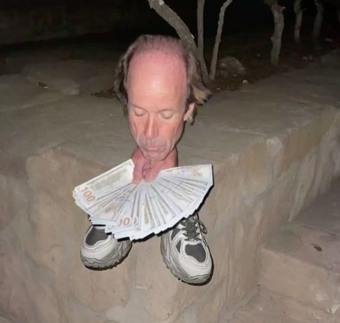 A surreal photo collage showing a man's head emerging from sand alongside a pair of sneakers, with a fan of 100 Euro banknotes displayed in the center.