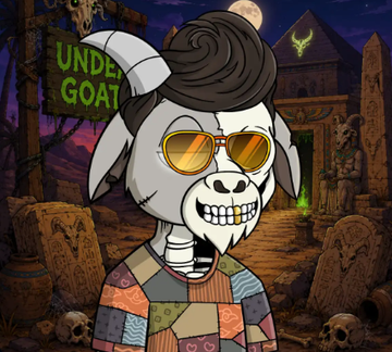A cartoon illustration of a skeletal goat character wearing sunglasses and a patchwork sweater, standing in a graveyard with a sign reading 'UNDEAD GOAT' in the background.