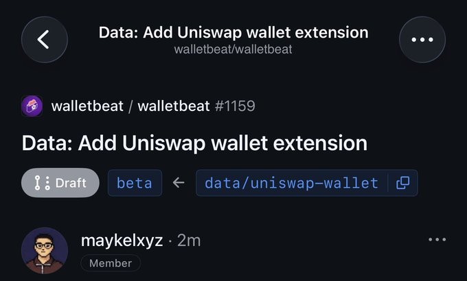 A dark-themed GitHub pull request page titled 'Data: Add Uniswap wallet extension' for the 'walletbeat/walletbeat #1159' repository, marked as a Draft.