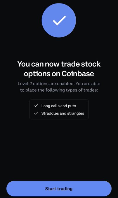 Coinbase mobile app screen confirming 'You can now trade stock options on Coinbase' with Level 2 options enabled for long calls and puts, as well as straddles and strangles, featuring a blue 'Start trading' button.