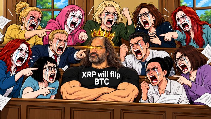 A cartoon illustration shows a calm, crown-wearing figure with glowing eyes wearing a "XRP will flip BTC" shirt, surrounded by an angry mob of crying Bitcoin maximalists pointing and shouting, visually embodying the post's claim that XRP is poised to overtake BTC while its defenders panic.