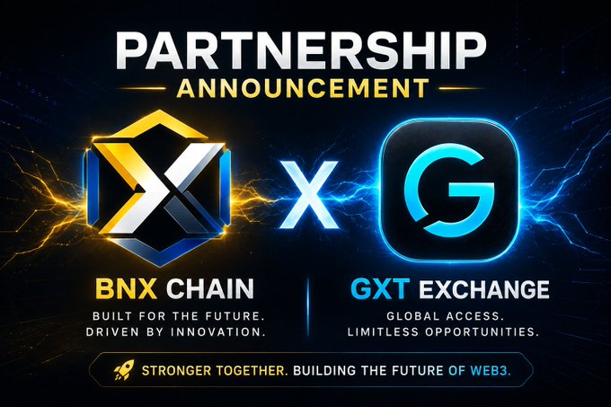 A promotional graphic announcing a 'PARTNERSHIP' between 'BNX CHAIN' and 'GXT EXCHANGE' with the tagline 'STRONGER TOGETHER. BUILDING THE FUTURE OF WEB3.'