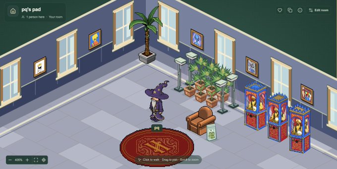 Screenshot of a pixel-art video game room labeled 'pq's pad' showing a witch-hat-wearing character named 'pq' standing on a red rug, surrounded by potted plants, a palm tree, an armchair, and ornate display cabinets.