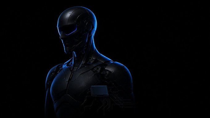 A dark, sleek humanoid robot or cyborg figure illuminated by blue light against a black background.