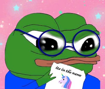 A cartoon Pepe the Frog character with glasses holding a note that reads 'its in the name' next to a small unicorn image.