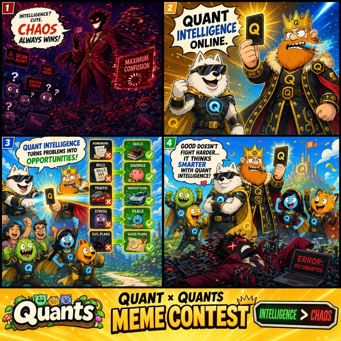 A four-panel meme advertises the "Quant × Quants Meme Contest" with the tagline "Intelligence > Chaos," showing Chaos losing to the King and Quants dog mascot as they promote "Quant Intelligence Online" and turn problems like homework, bills, and traffic into opportunities like savings, smooth flow, and good plans. The post celebrates Quant Intelligence as a tool that resolves chaos into order, mirroring the meme's triumphant final panel where good defeats evil with the message "Good doesn't fight harder... it thinks smarter with Quant Intelligence!"