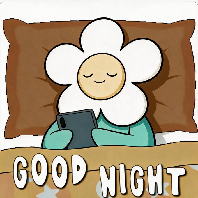 A cute cartoon flower character with a sleepy face, wearing teal pajamas and holding a smartphone while tucked into bed, with 'GOOD NIGHT' written across the blanket.