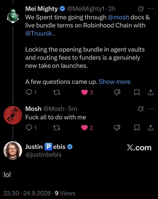 A screenshot of an X.com thread where user 'Mosh' (@Mosh) replies 'Fuck all to do with me' to Mei Mighty (@MeiMighty1), followed by Justin Pebis (@justinbebis) commenting 'lol'.